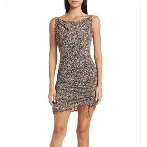 ASTR NWT Ruched Tie Mini Dress Black Orange Floral Size Small MSRP $129